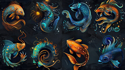 Twelve zodiacs concept. Horoscope Pisces zodiac sign.