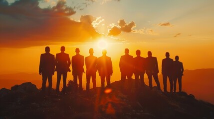 Silhouette of business team stand and feel happy on the most hight at stand on sunset, success, leader, teamwork, target, Aim, confident, achievement, goal, on plan, finish, generate by AI. - obrazy, fototapety, plakaty