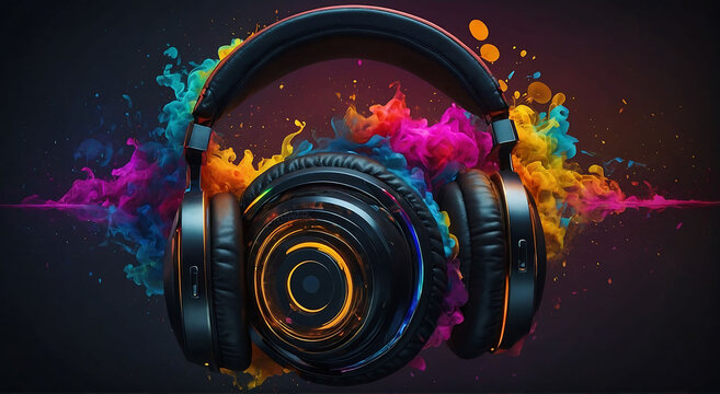 Stereo headphones exploding in festive colorful splash,  with vibrant colorful light effects on loud music sound, pulse, bass and beats