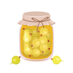 Gooseberry jam in glass jar and fresh berry. Vector cartoon flat illustration. Homemade sweet food icon.