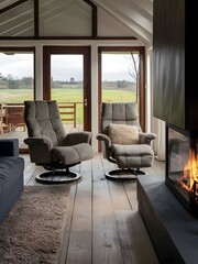 Two comfortable chairs by fireplace next to window. Cozy home interior design of modern living room in country house