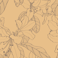 Seamless pattern with hand drawn rhododendron, azalea flowers. Line endless background. Botanical hand drawn contour illustration for greeting card, invitation, print, textil.
