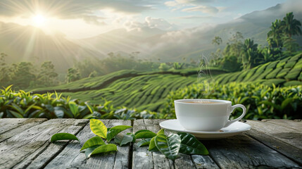 Warm cup of tea and organic green tea leaf on wooden table with the tea plantations background. - obrazy, fototapety, plakaty