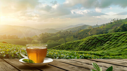 Warm cup of tea and organic green tea leaf on wooden table with the tea plantations background. - obrazy, fototapety, plakaty