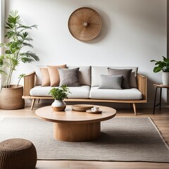 Modern living room interior with sofa, coffee table and plant. - obrazy, fototapety, plakaty