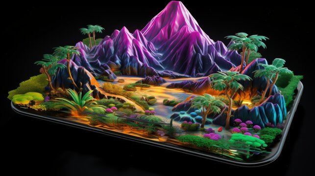 Abstract image of neon island landscape with mountains and trees over a smartphone display.