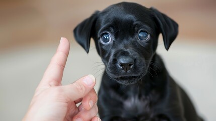 Pet animal dogs puppy training education teaching concept background - Adorable cute little black domestic puppy labrador dog ​​listens to owner trainer hand, companion, sit and wait in command