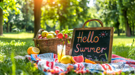 Picnic time with Hello Summer sign, fresh fruit on a blanket in a park