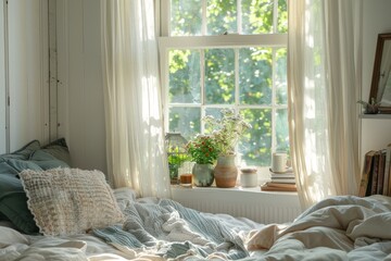 Cozy bedroom with plants and morning light. A well-lit, inviting bedroom with wooden furniture,...