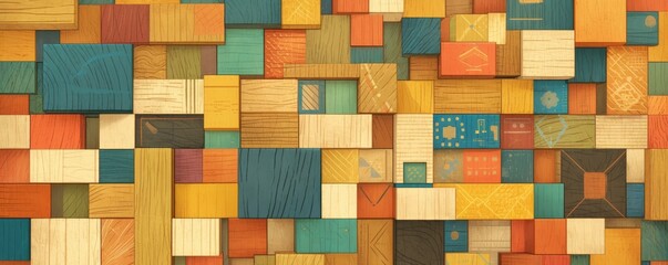Colorful wooden cubes are arranged in an intricate pattern, creating a vibrant and textured background. 