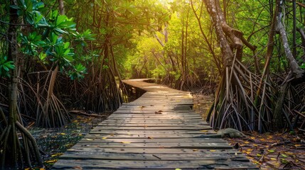 A wooden bridge amid the mangrove forest. A boardwalk curves around a wooden pillar in a mangrove jungle. Wooden bridge in flooded rain forest jungle with mangrove trees.