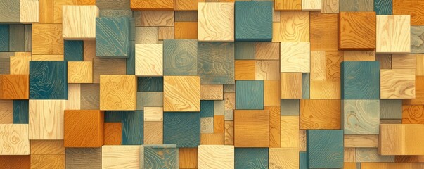 Colorful wooden cubes are arranged in an intricate pattern, creating a vibrant and textured background. 