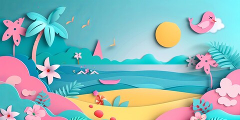 Summer landscape paper cut background illustration