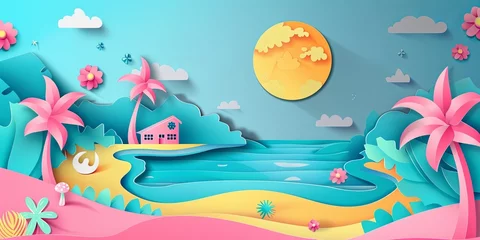 Foto op Plexiglas Summer landscape paper cut background illustration © K'kriang Krai