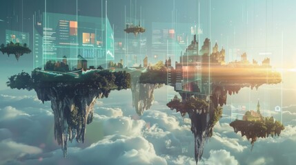 Ethereal Cityscapes: A Vision of Future Urban Islands Floating Amidst the Clouds
