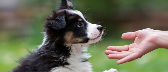 Pet animal dogs puppy training education teaching concept background - Adorable cute little domestic obedience puppy dog ​​listens to owner trainer hand, companion, sit and wait in command