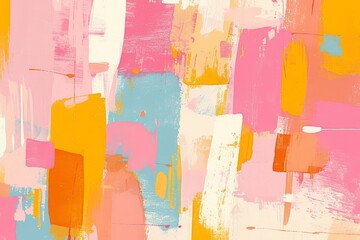 Abstract painting with brush strokes in a colorful pink and teal color palette with thick paint strokes