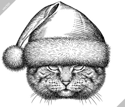 Vintage engraving isolated cat set dressed christmas illustration kitty ink santa costume sketch. Pet background kitten silhouette whisker new year hat art. Black and white hand drawn vector image