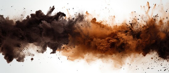 A mixture of black and brown smoke emerges from a hole in the ground against a white backdrop,...