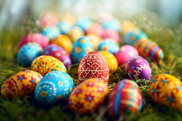 Fototapeta na wymiar Easter Bunny Decorated Eggs Adorable Rabbit Spring Color Copy Space