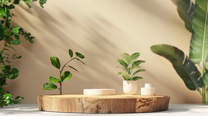 Minimal modern product display on neutral beige background. Wood slice podium and green leaves