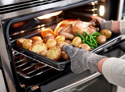 A person wearing oven mitts is holding an open roasting pan with green beans, potatoes, and chicken in the kitchen at home