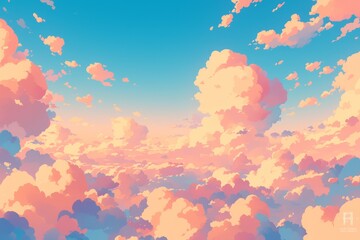 Obraz na płótnie Canvas Anime style illustration of a sky with pink and blue clouds in a soft pastel color palette