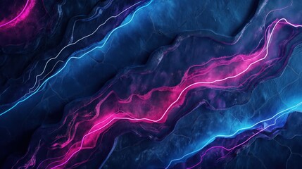 Dark grunge stone texture and purple blue glowing neon waves abstract background. Generative AI