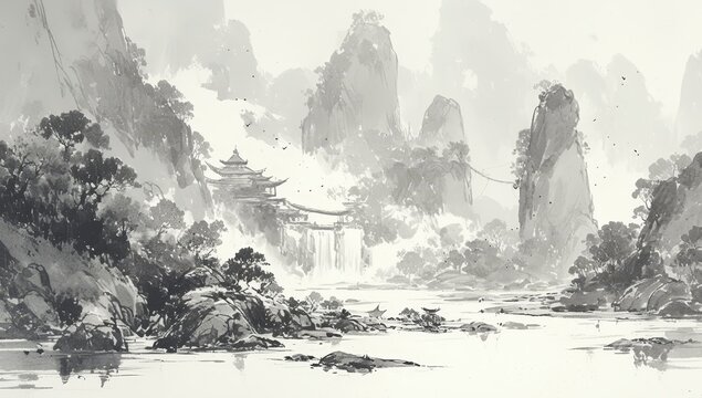 Chinese landscape painting, Chinese red mountains in the background, rock formations on both sides of river, black ink drawing