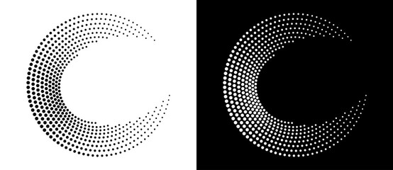Modern abstract background. Halftone dots in circle form. Letter C like logo, icon or design element. Black dots on a white background and white dots on the black side. - 762372134