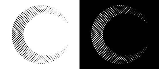 Modern abstract background. Halftone dots in circle form. Letter C like logo, icon or design element. Black dots on a white background and white dots on the black side. © Mykola Mazuryk
