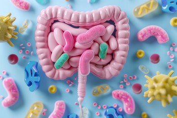 3d model of human intestine organ. Concept of healthy gut and microbiome.