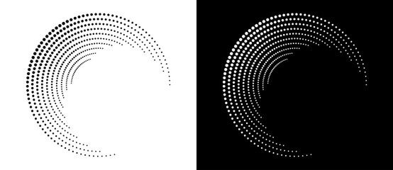 Modern abstract background. Halftone dots in circle form. Letter C like logo, icon or design element. Black dots on a white background and white dots on the black side. - 762372187