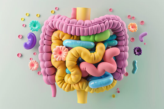 3d model of human intestine organ. Concept of healthy gut and microbiome.