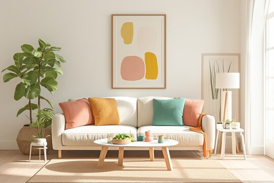 Colorful living room with a white sofa, pink and orange pillows, a cyan wall paint color, a framed picture hanging on the wall