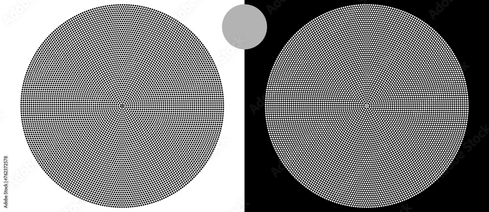Aufkleber Modern abstract background. Halftone dots in circle form. Spiral logo, icon or design element. Black dots on a white background and white dots on the black side.