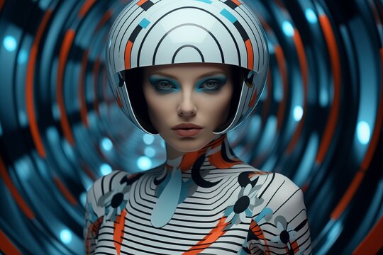 Striking model with space-age helmet in a captivating, circular light tunnel