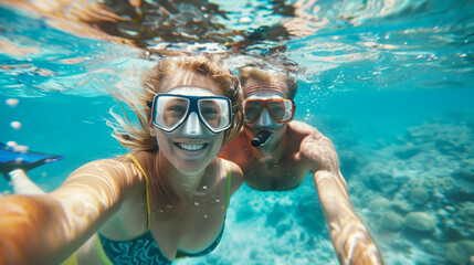 Happy young women in snorkeling mask dive under turquoise water with fishes in coral reef sea pool....
