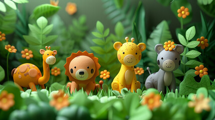 3D cartoon animal characters in the natural forest. Looks happy living together.
