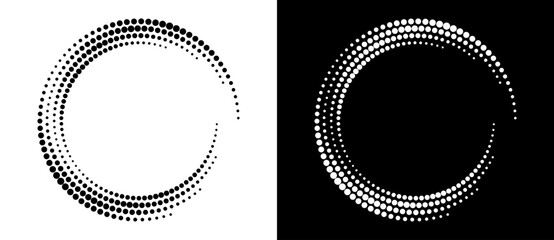 Modern abstract background. Halftone dots in circle form. Round logo. Vector dotted frame. Design element or icon. Black shape on a white background and the same white shape on the black side.