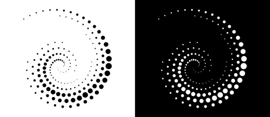 Modern abstract background. Halftone dots in spiral. Round logo, design element or icon. A black figure on a white background and an equally white figure on the black side. - 762372760