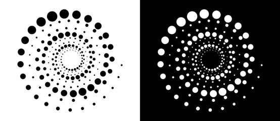 Modern abstract background. Halftone dots in spiral. Round logo, design element or icon. A black figure on a white background and an equally white figure on the black side.