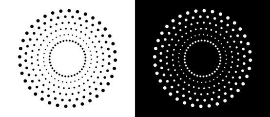 Modern abstract background. Halftone dots in circle form. Round logo. Vector dotted frame. Design element or icon. Black shape on a white background and the same white shape on the black side. - 762372789