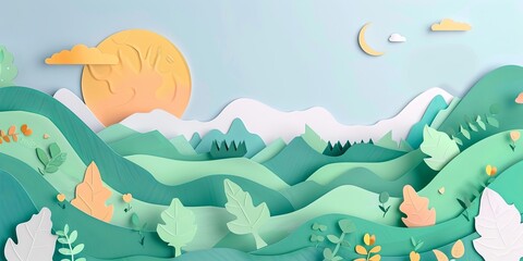 Naklejka na ściany i meble Nature style paper cut background illustration with sun, mountains, birds and clouds.