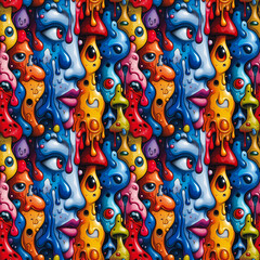 Fototapeta na wymiar Colorful abstract pattern with surreal faces and eyes in a continuous, seamless design.