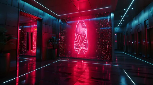 Securing Access Fingerprint Scanner Scans Fingerprints on Wall Near Office Entrance, Futuristic Biometric Security with Advanced Encryption and Authentication Protocols
