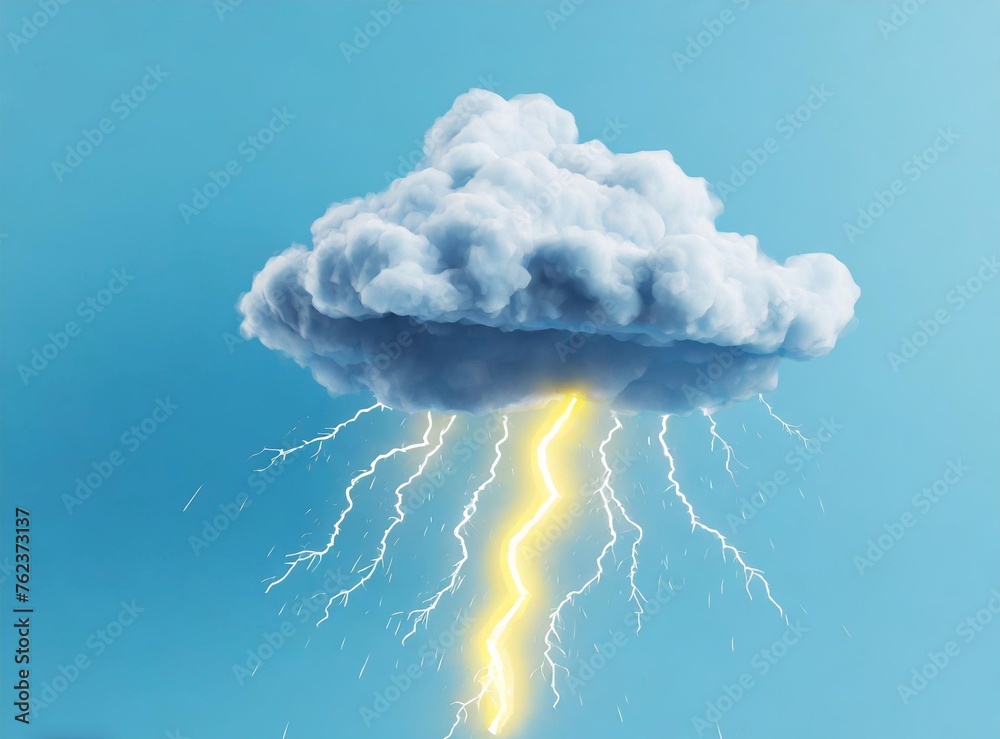 Sticker Rain Cloud With Lightning 3D Rendering Illustration Design Isolated on Light Blue Background. Rain Creative Concept.