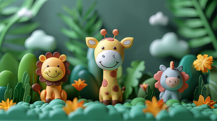 Fototapeta premium 3D cartoon animal characters in the natural forest. Looks happy living together.