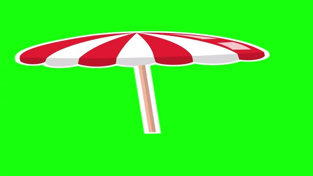 4K Red and White Striped Beach Umbrella Design Element Isolated on Green Screen. Animated Flat Design Element. Summer Time Ice cream Equipment Swimming pool Umbrella Animation Protect from hot sun