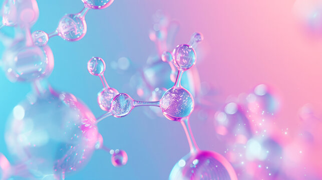molecules on pink blue background. Abstract molecule model. Scientific research in molecular chemistry. Collagen Skin Serum, hyaluronic acid, peptides cosmetics skin care cosmetics solution